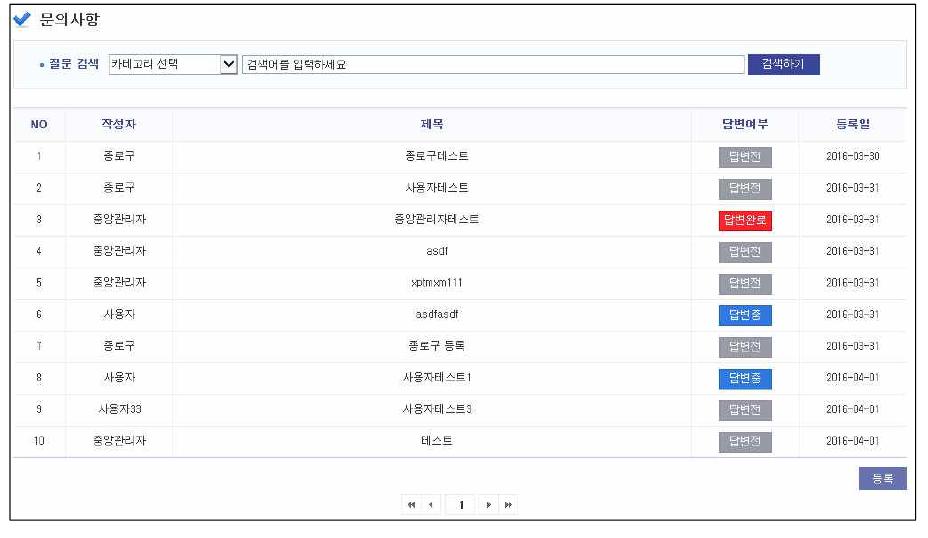 이용문의 리스트 화면