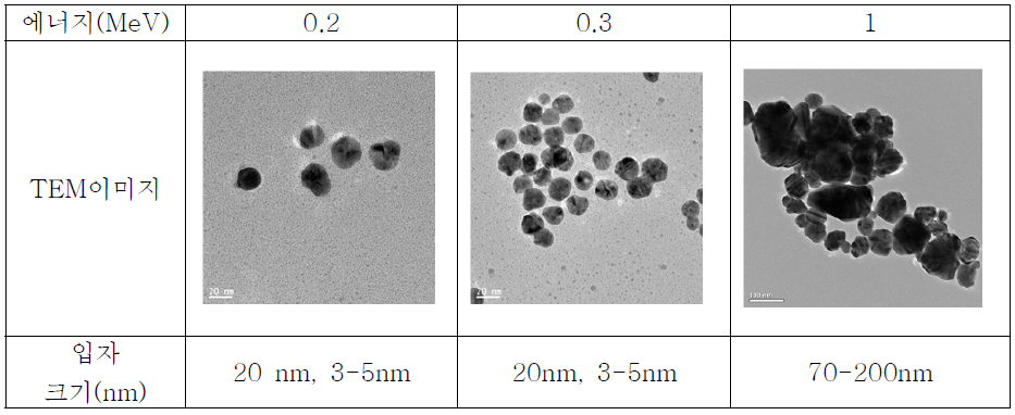 전자빔 에너지에 따라 제조된 은 나노입자의 TEM 이미지