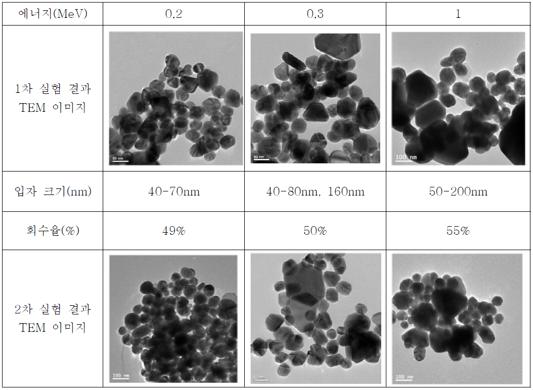 전자빔 에너지에 따라 제조된 은 나노입자의 TEM 이미지
