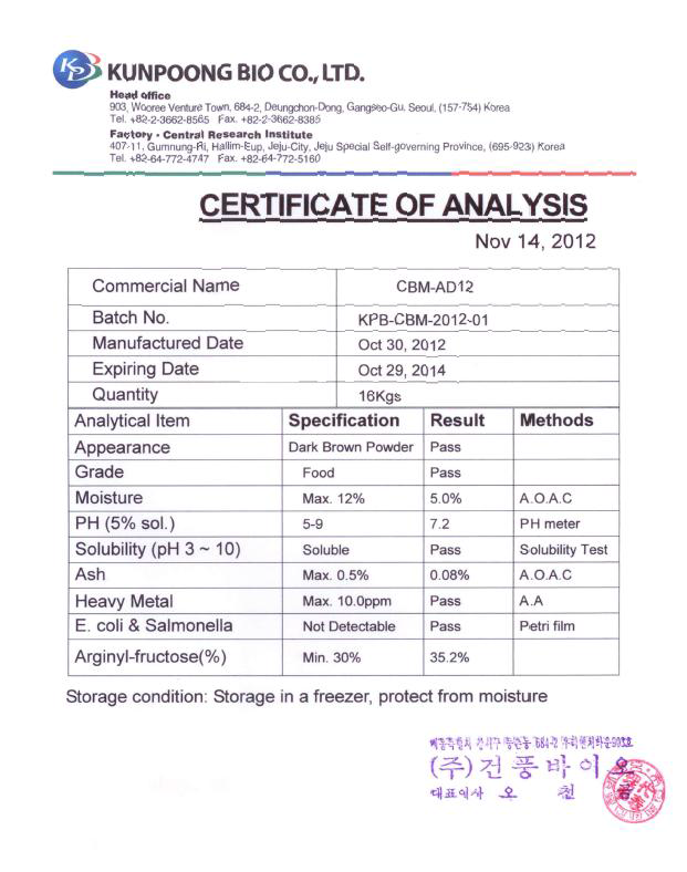 Bath CBM-AD12-2012-001에 대한 성적서