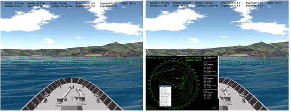 HMD display of mobile simulator system (without and with radar overlay)