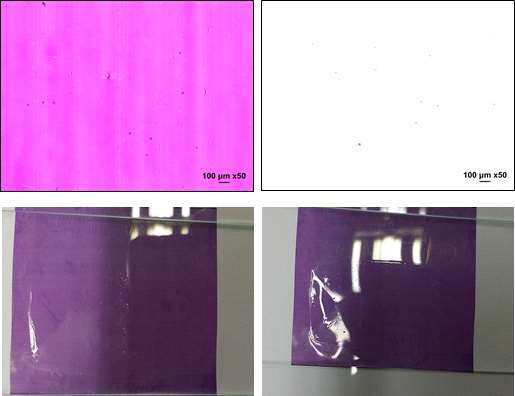 투명보호 코팅된 편광필름 POM 이미지(상), 코팅된 필름외형(하)