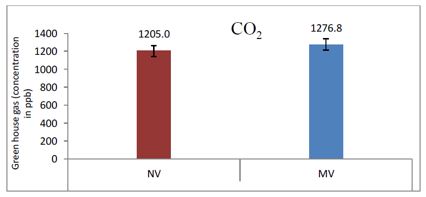 실험 중 수거된 시료 위의 온실 가스를 보여주는 막대그래프