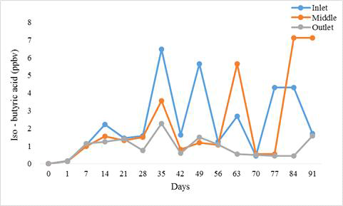 바이오 필터 안쪽의 세 가지 상이한 표본추출 지점(그림 7)에 따른 주변 이소-부티르산에 대한 도표