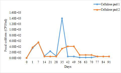 상이한 시간 간격에 따른, 포장재(섬유소 패드)에 부착된 배설물 대장세균(CFU/ml)의 총 수