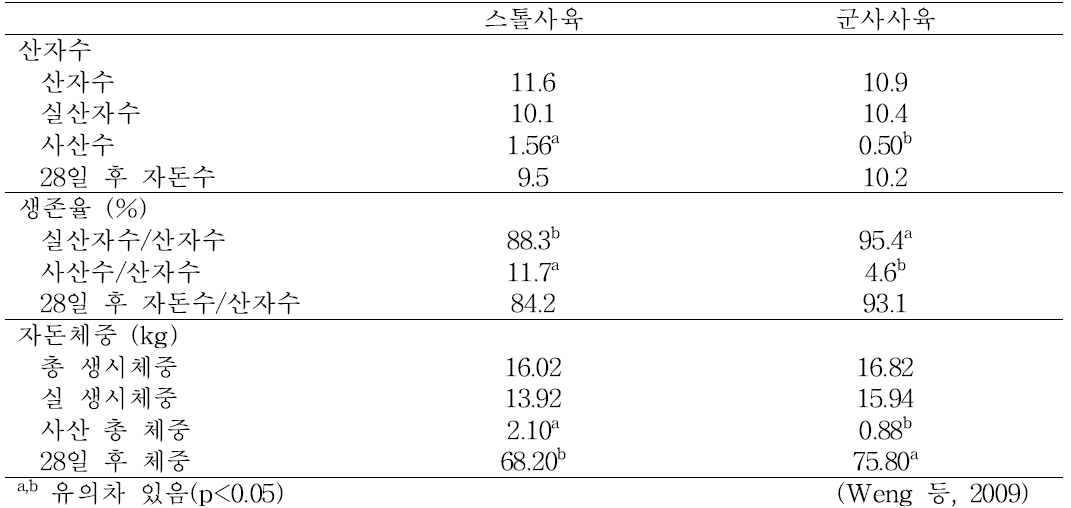 임신기 모돈 사육방법에 따른 생산성