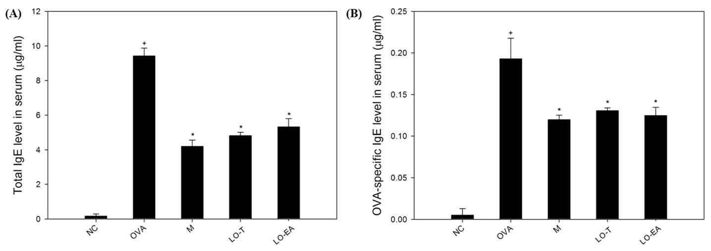 LO reduces total IgE (A) and ovalbumin-specific IgE (B) in serum.