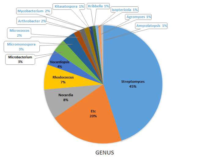 16S rRNA gene sequence 분석결과 및 방선균 속 다양성 분포