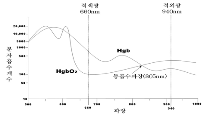 헤모글로빈의 종류에 따른 흡수 계수