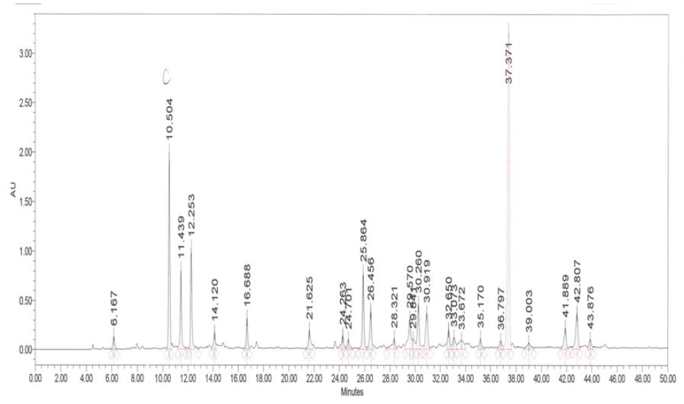 Propolis by-product powder HPLC chromatographic spectrum.