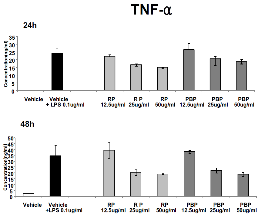 Inhibitory effect of RP,PBP on the LPS-induced production of TNF-α.