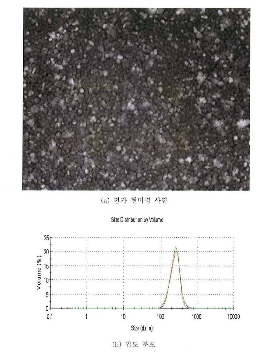 상분리법을 이용하여 제조된 White 입자의 전자현미경 사진(a) 및 입도 분포(b)