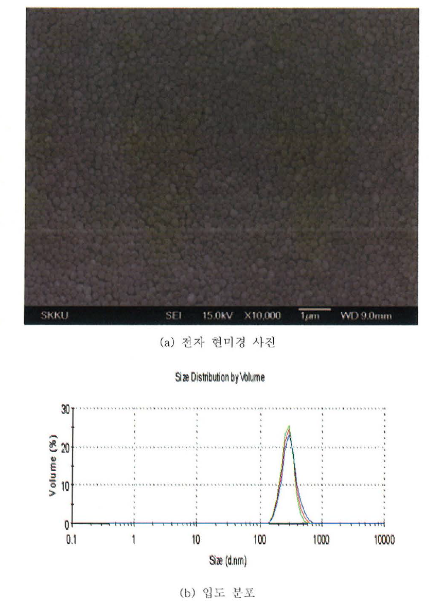 정제된 White 입자의 전자현미경 사진 (a) 및 입도 분포 (b)