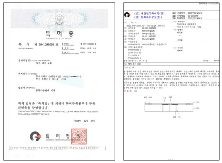 제10-1093099호 등록특허 압전센서모듈 특허증 및 내용