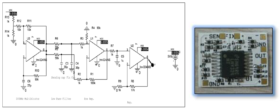 압전센서용 회로도(Pre-AMP 200배, 출력 버퍼 10배) 및 회로보드