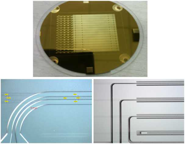 상: 병렬형 RF 전극의 구조의 LiNbO3 3inch wafer, 하: 좌) RF 전극 영역 우) DC 전극 영역