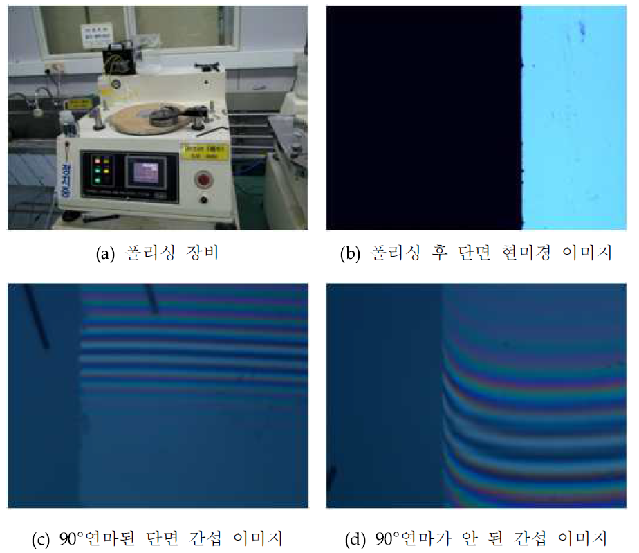 칩 단면 폴리싱 장비와 단면의 광학현미경 이미지