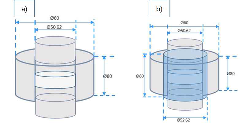 a) 직경 50 mmØ 소결체 제조 단일몰드 및 b) 직경 50 mmØ 소결체 제조 이중분할 몰드