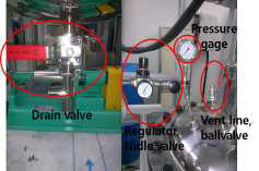 반응기에 설치한 밸브, 압력게이지 및 regulator