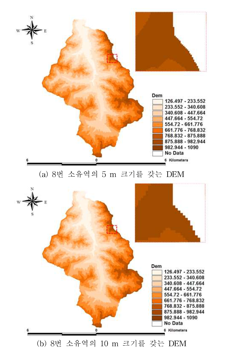 8번 소유역의 5 m 와 10 m cell 크기를 갖는 DEM 의 비교