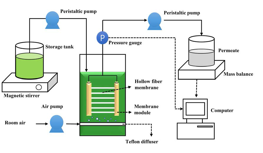 침지식 중공사막을 이용한 막여과 실험 모식도