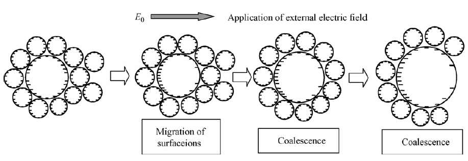 Schematic representation of the mechanism of electrical demulsification.