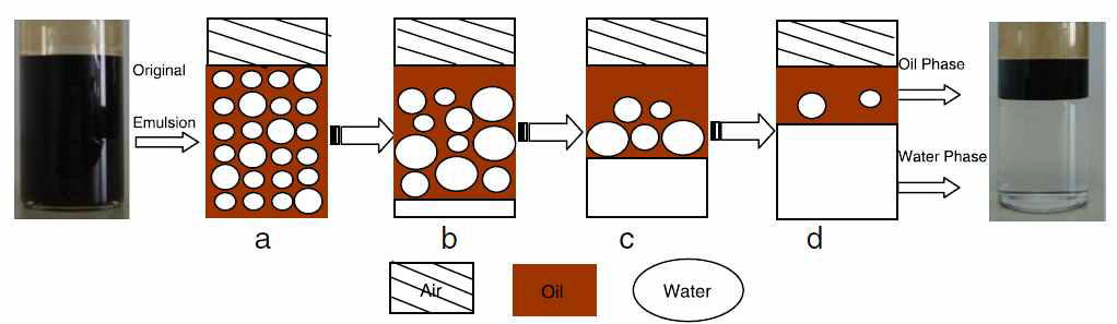 Demulsification processes of the heavy oil emulsion after adding the demulsifier.