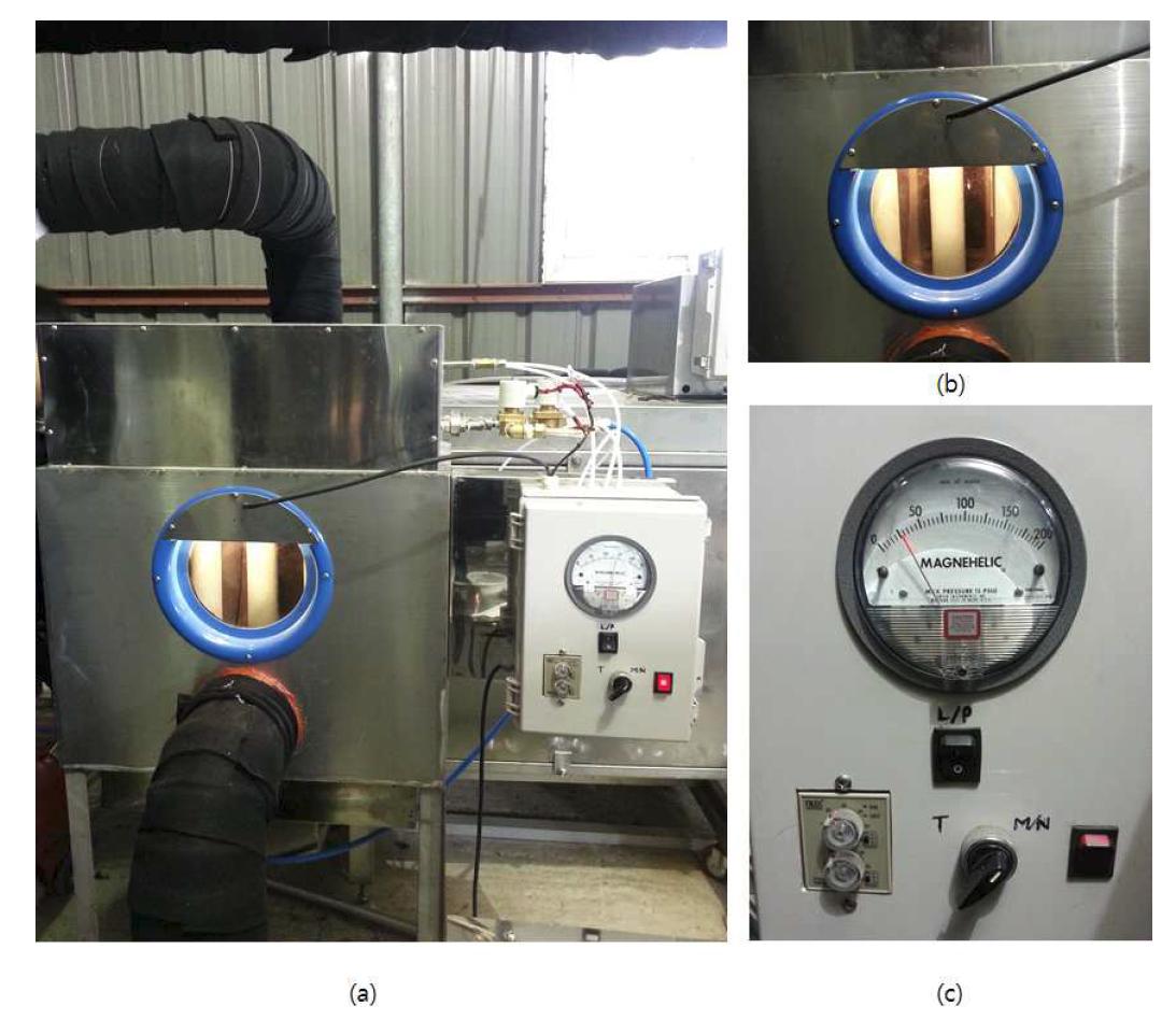세라믹 필터 장치 설치 모습(a), 세라믹필터 및 비젼창 조명장치(b), air pulse 컨트롤 판넬 (c)