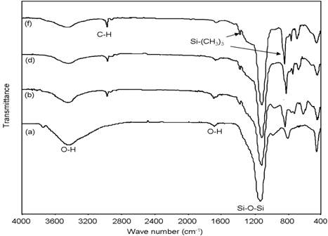 표면개질 전(a)․후(2(b),6(d),10(f)%-TMCS) 나노기공 실리의 FT-IR 분석