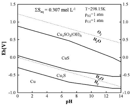298 K에서 Cu-S-H2O 간의 pH-Eh 다이어그램