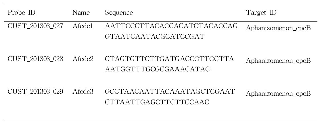 Aphanizomenon cpc 유전자를 이용하여 설계된 프로브의 염기서열 정보