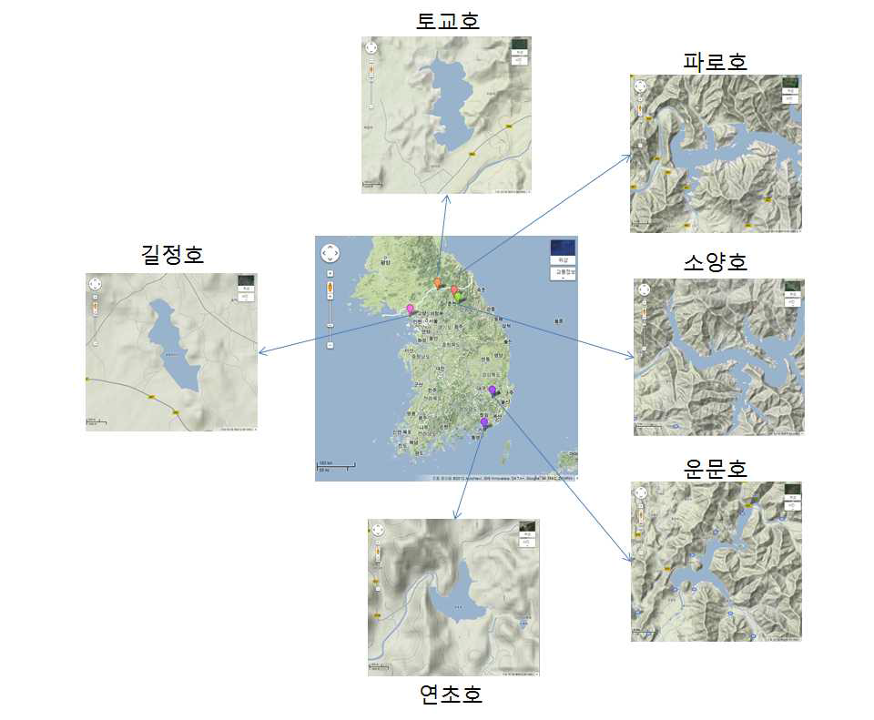 시료를 채취한 6개 호수, 길정호, 소양호, 운문호, 연초호, 토교호, 파로호의 위치