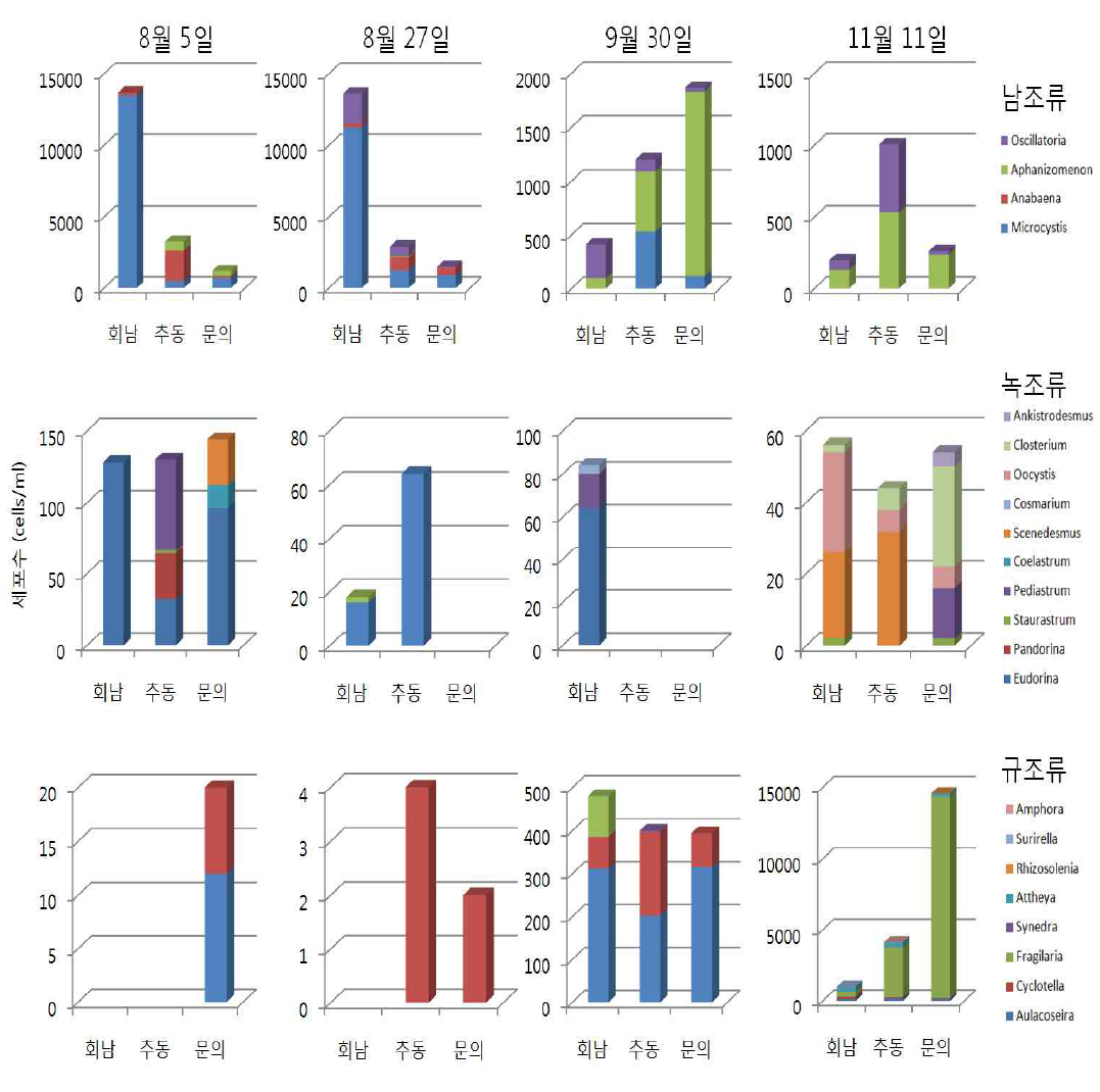 2009년 대청호의 날짜별, 미세조류 분류군별 동정 및 계수 결과