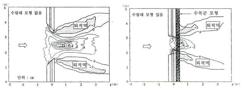 수림대의 유무에 의한 지형 변화 상황(하도 내 수심 8cm, 통수시간 20분)