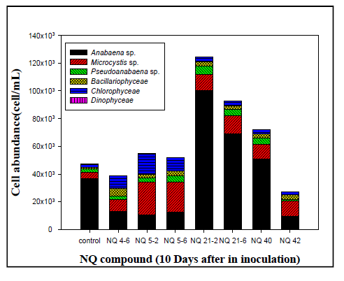 NQ 계열 물질 (04-4, 05-3, 05-4, 21-3, 21-4, 40, 42)의 남조류 Anabaena spp.에 대한 살조활성 평가