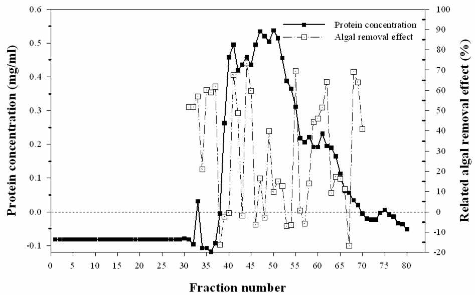 Anion-exchange chromatography 분석 후 확보한 25~30번 분획의 gel filtration chromatograghy 분석과 살조활성 평가