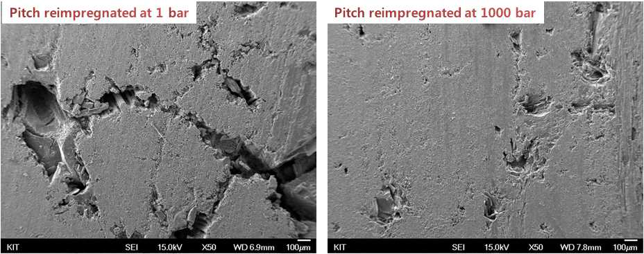 Scanning electron microscopic images of 4 years serviced carbon brake disks which were pitch infiltrated under 1 and 1000 bar pressure