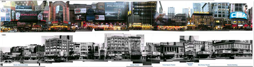 타임스퀘어의 1989년과 2010년의 미디어 사인 모습