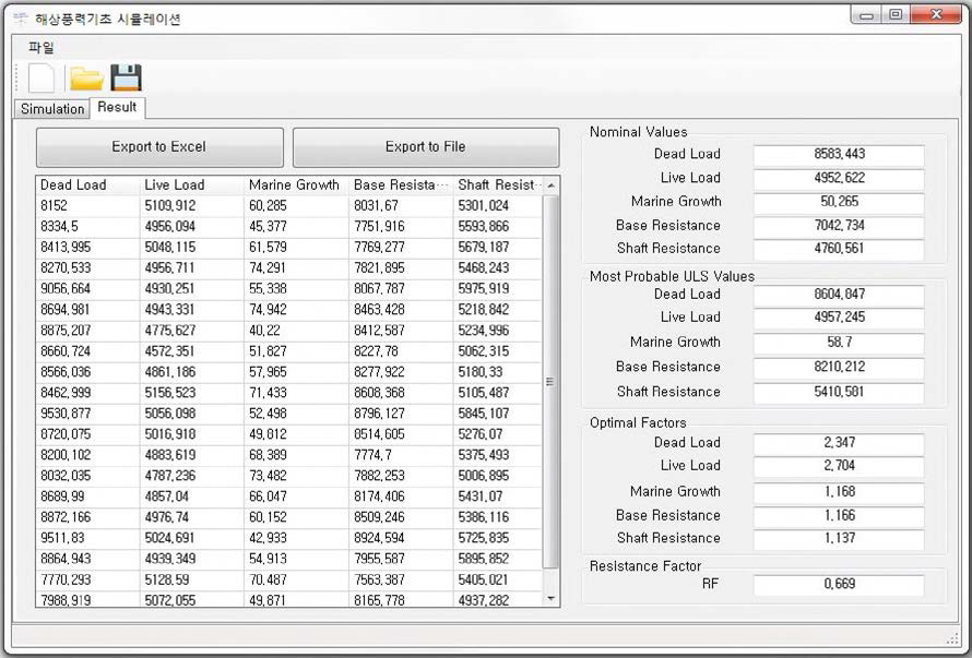대구경 모노파일 신뢰성 및 저항계수 산정 프로그램 결과 출력창