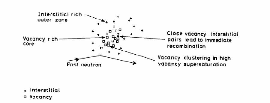 Schematic presentation of point defects in damage cascade formation