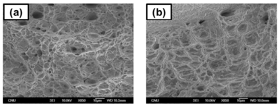 SEM fracture surface images of Zr-1Nb-0.7Sn-0.1Fe at 120MPa and 475 °C: (a) as-received Zr alloy and (b) annealed Zr alloy.