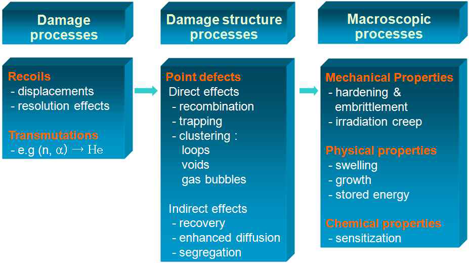 Irradiation damage processes and resultant structures and properties.