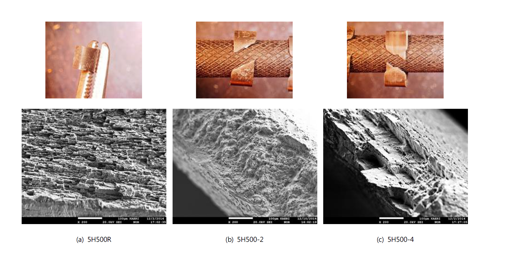 산화막 5 μm, 수소 500 ppm 시편의 온도별 링 인장 시험 후 형상(위) 및 파단면(아래)