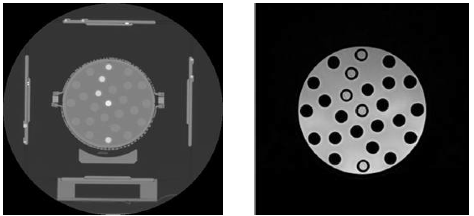 병소체적 검증을 위하여 제작한 팬텀에 표 3-3-1의 영상촬영 프로토 콜로 촬영한 CT와 MR영상