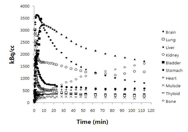 마우스에서 전신 관심장기의 SNUBH-NM-333(18F)시간-농도 프로파일