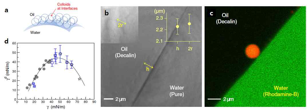 a) 물과 기름 계면에 존재하는 콜로이드 입자. b) X선 투과현미경을 이용하여 얻은 물과 기름 계면의 콜로이드 영상. c) 공초점 현미경 영상. d) 영상을 통해 얻은 접촉각으로 dispersion force 계산