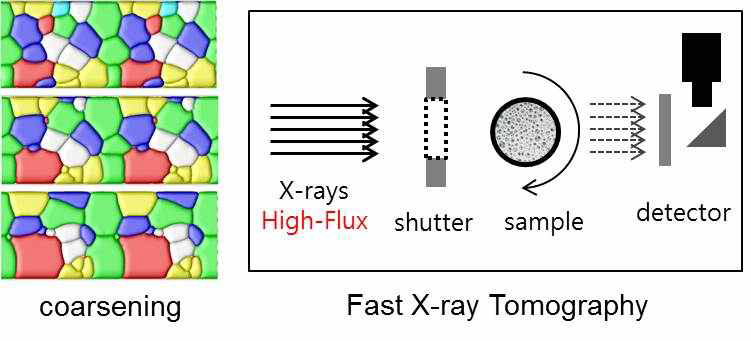 (좌) Coarsening 현상 도식도 (우) 초고속 X선 토모그래피 개념도