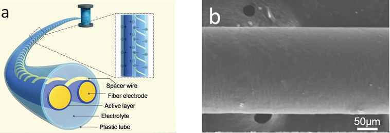 금속와이어를 이용한 섬유형 슈퍼커패시터의 모식도(좌)와 그 전극의 표면을 확대한 주사현미경 사진(우)