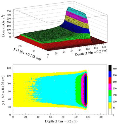 Detector phantom에서 depth와 그와 수직한 축(y) 방향의 2차원 함수로 나타낸 lego plot(위)과 color depth plot(아래).