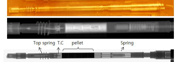 계장용 UO2 핵연료봉(상), X-ray CT 결과(중), X-ray 2-D Scan(하)